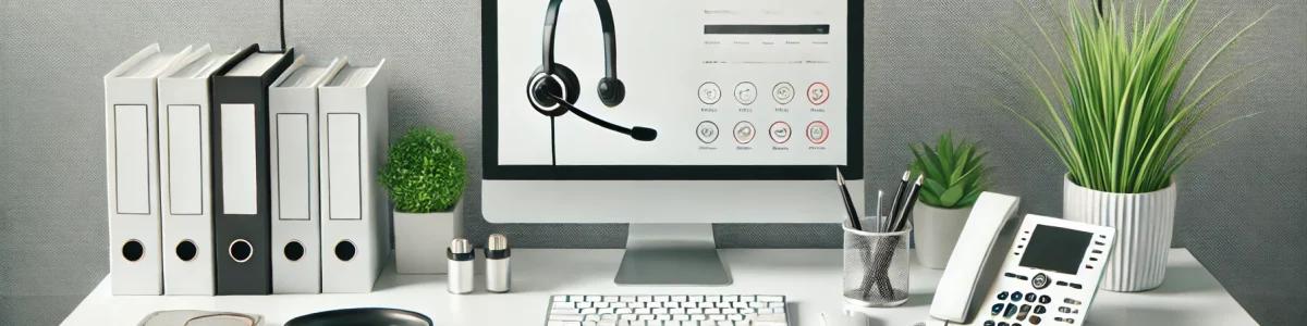 DALL·E 2024-11-19 17.32.31 - A minimalistic call center desk setup focused on customer relationship tools, designed in banner dimensions. The scene includes a clean white desk wit